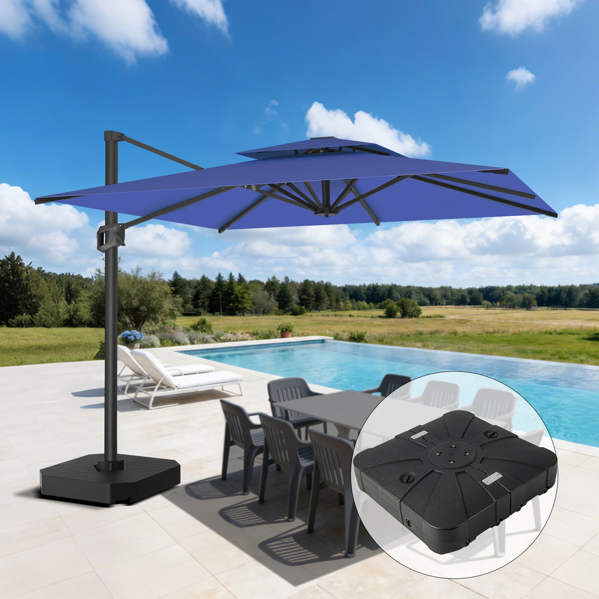 Parasol déporté Patioslife Aegis Pro™ avec base et housse de protection — Baleines en fibre de verre et mât en aluminium à revêtement thermolaqué pour jardin et terrasse