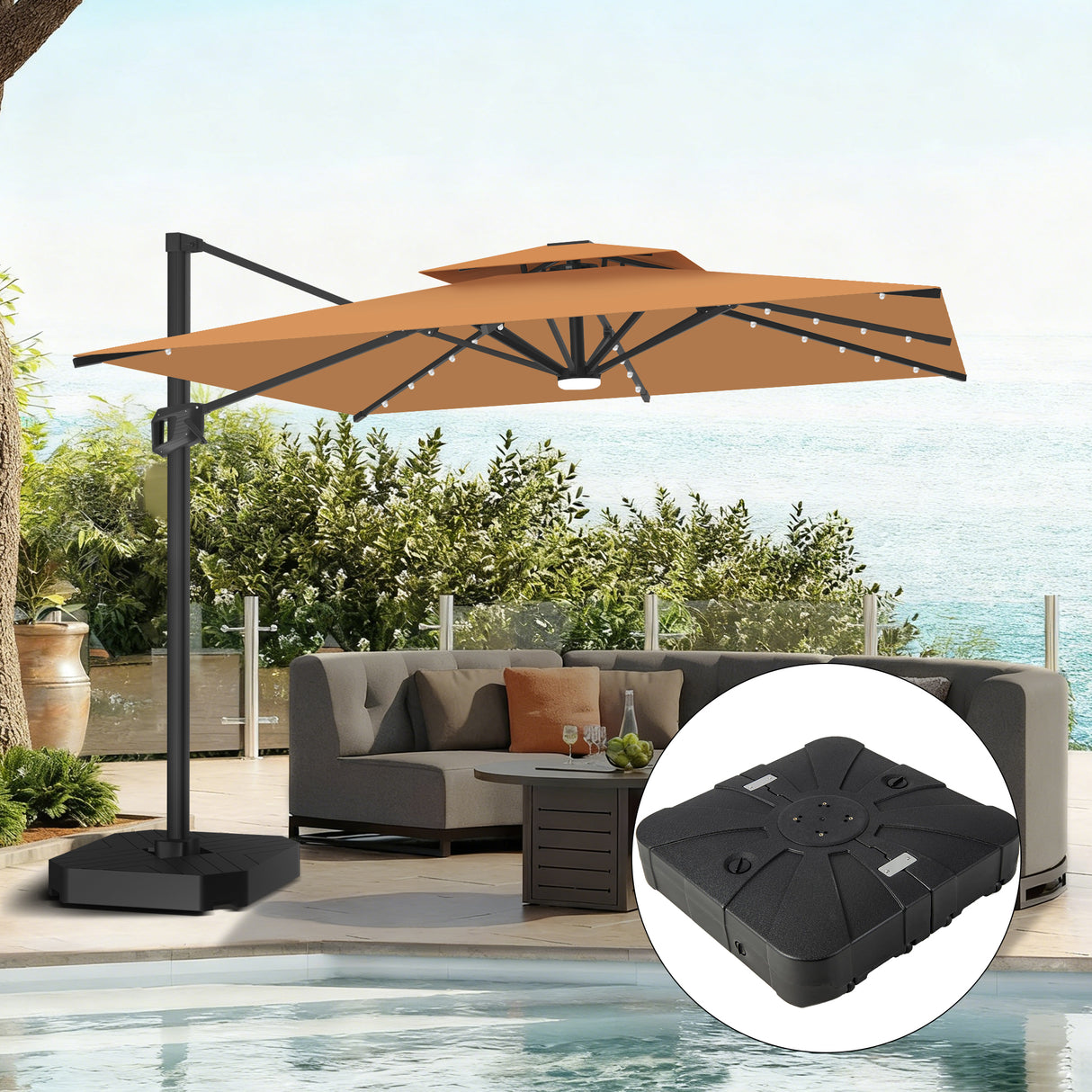 Parasol déporté Patioslife Aegis Pro avec éclairage LED et housse de protection, baleines et mât en aluminium à revêtement thermolaqué — Idéal pour jardins et terrasses