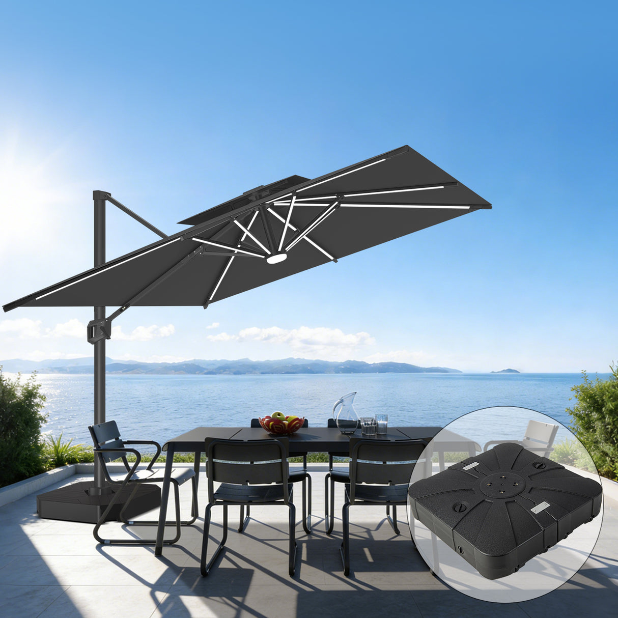 Patioslife Aegis – Parasol déporté Premium avec éclairage LED intégré, base croisée en métal et baleines en fibre de verre