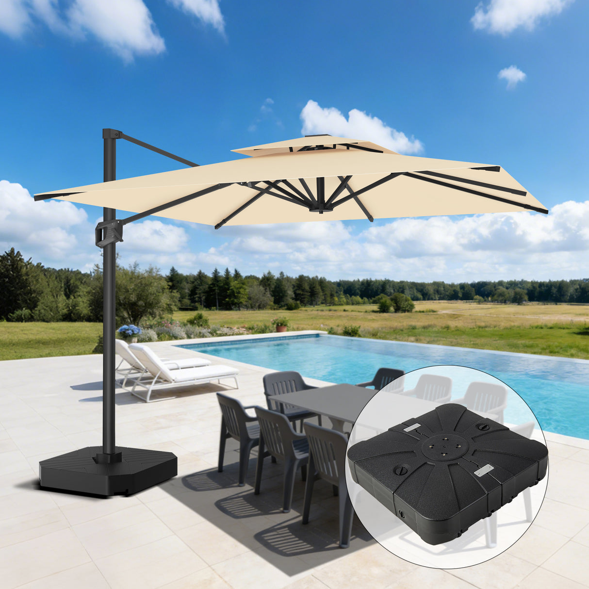 Parasol déporté Patioslife Aegis Pro™ avec base et housse de protection — Baleines en fibre de verre et mât en aluminium à revêtement thermolaqué pour jardin et terrasse