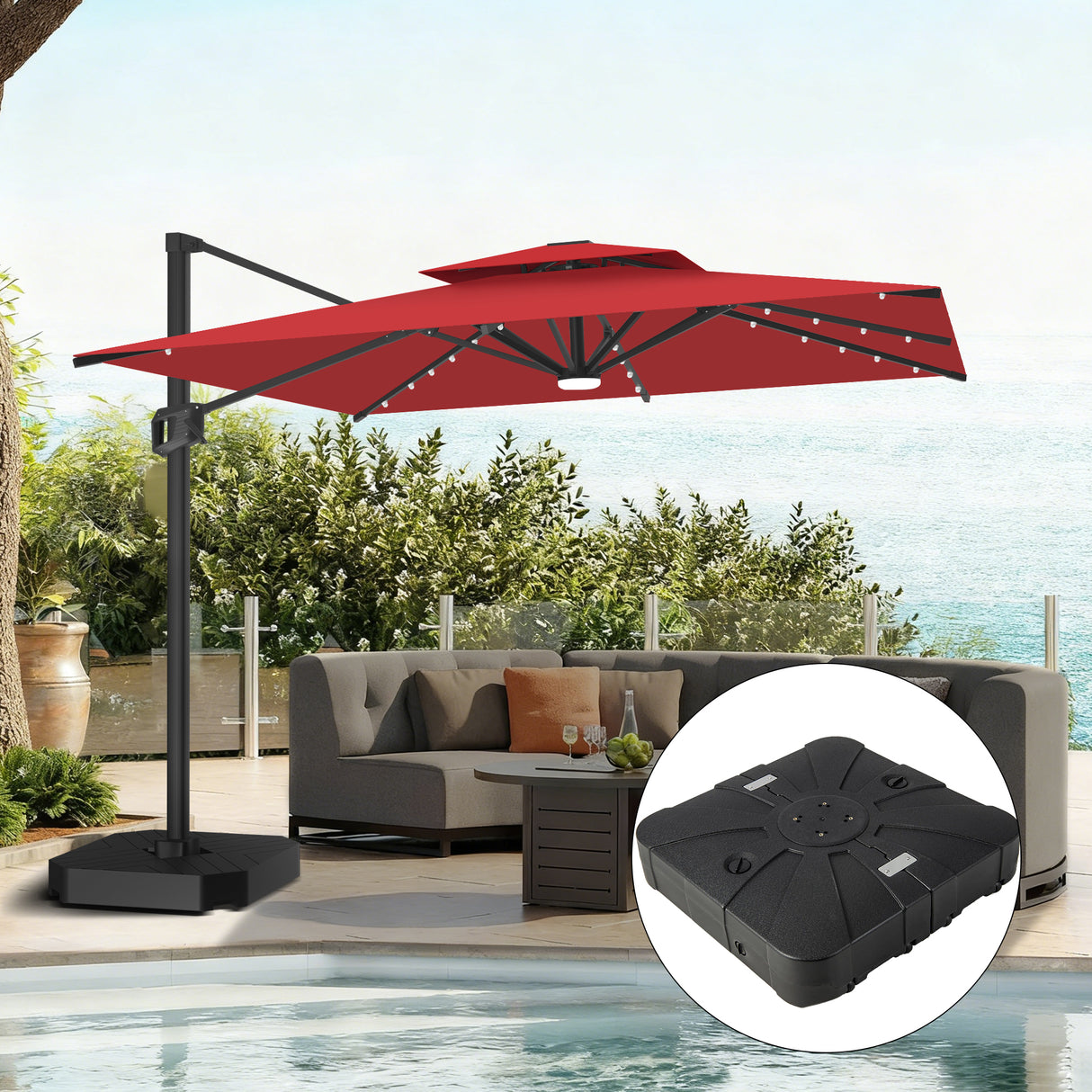 Parasol déporté Patioslife Aegis Pro avec éclairage LED et housse de protection, baleines et mât en aluminium à revêtement thermolaqué — Idéal pour jardins et terrasses