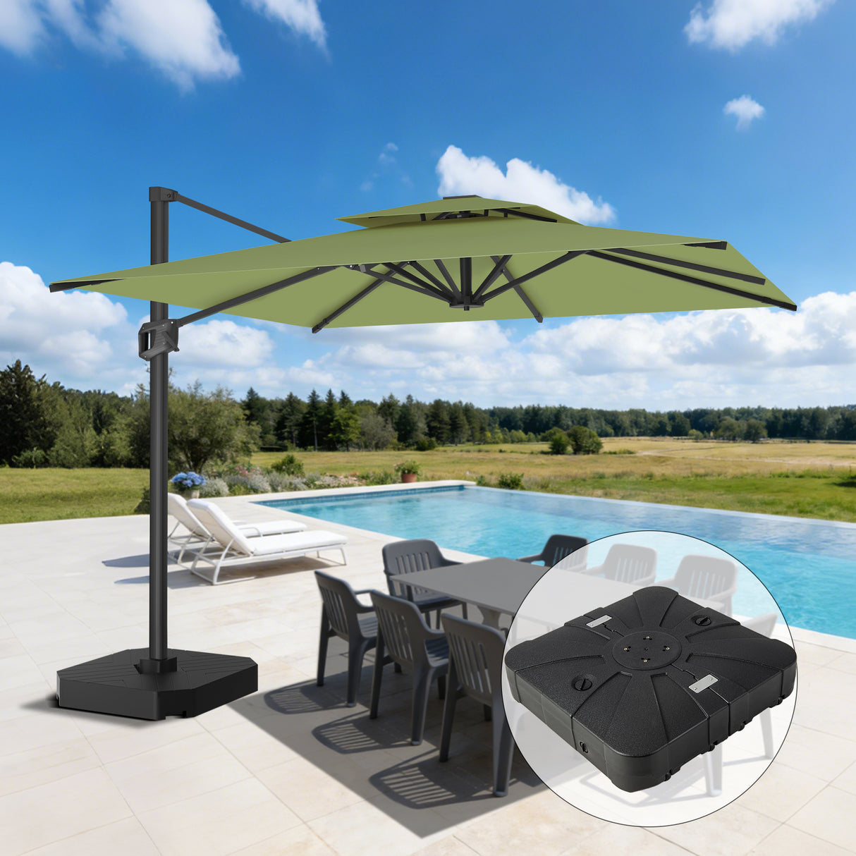 Parasol déporté Patioslife Aegis Pro™ avec base et housse de protection — Baleines en fibre de verre et mât en aluminium à revêtement thermolaqué pour jardin et terrasse