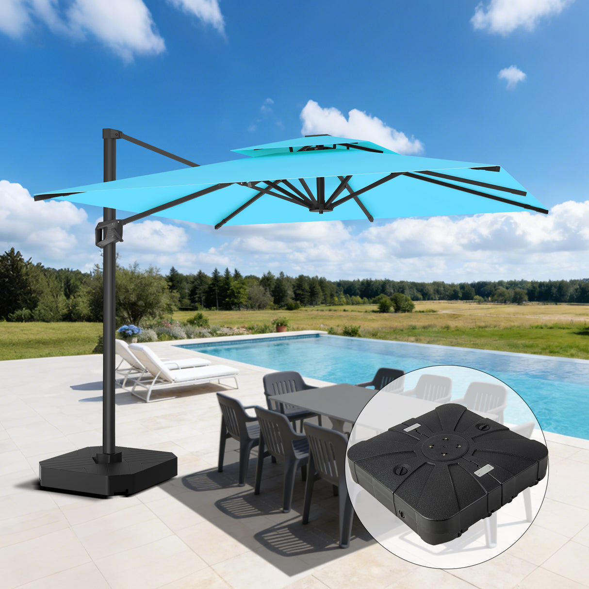 Parasol déporté Patioslife Aegis Pro™ avec base et housse de protection — Baleines en fibre de verre et mât en aluminium à revêtement thermolaqué pour jardin et terrasse