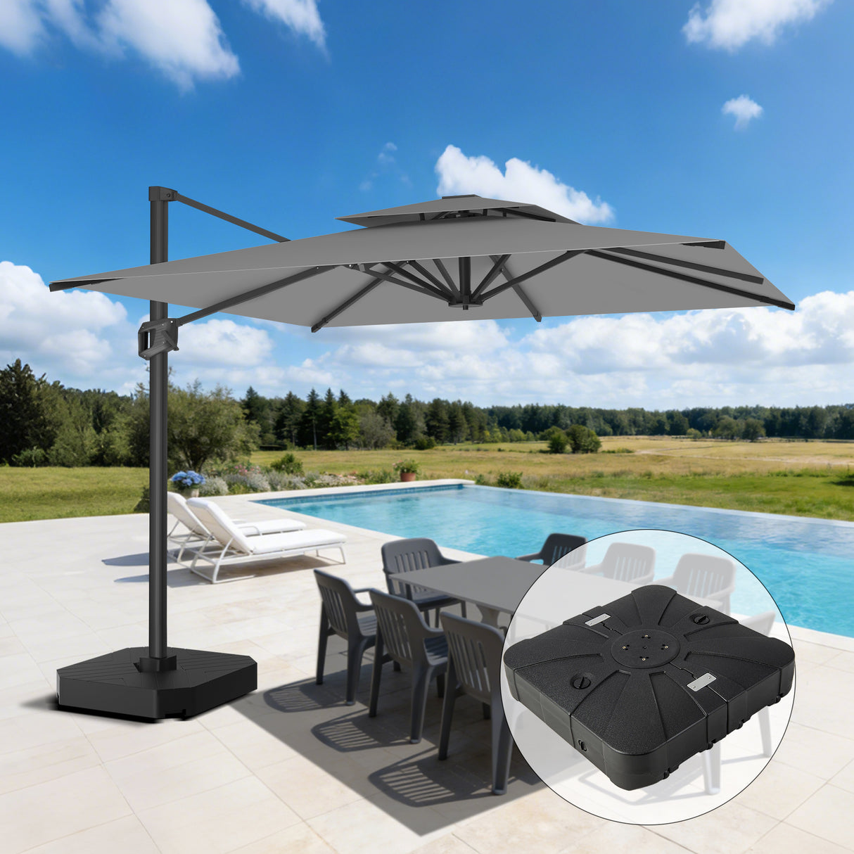 Parasol déporté Patioslife Aegis Pro™ avec base et housse de protection — Baleines en fibre de verre et mât en aluminium à revêtement thermolaqué pour jardin et terrasse