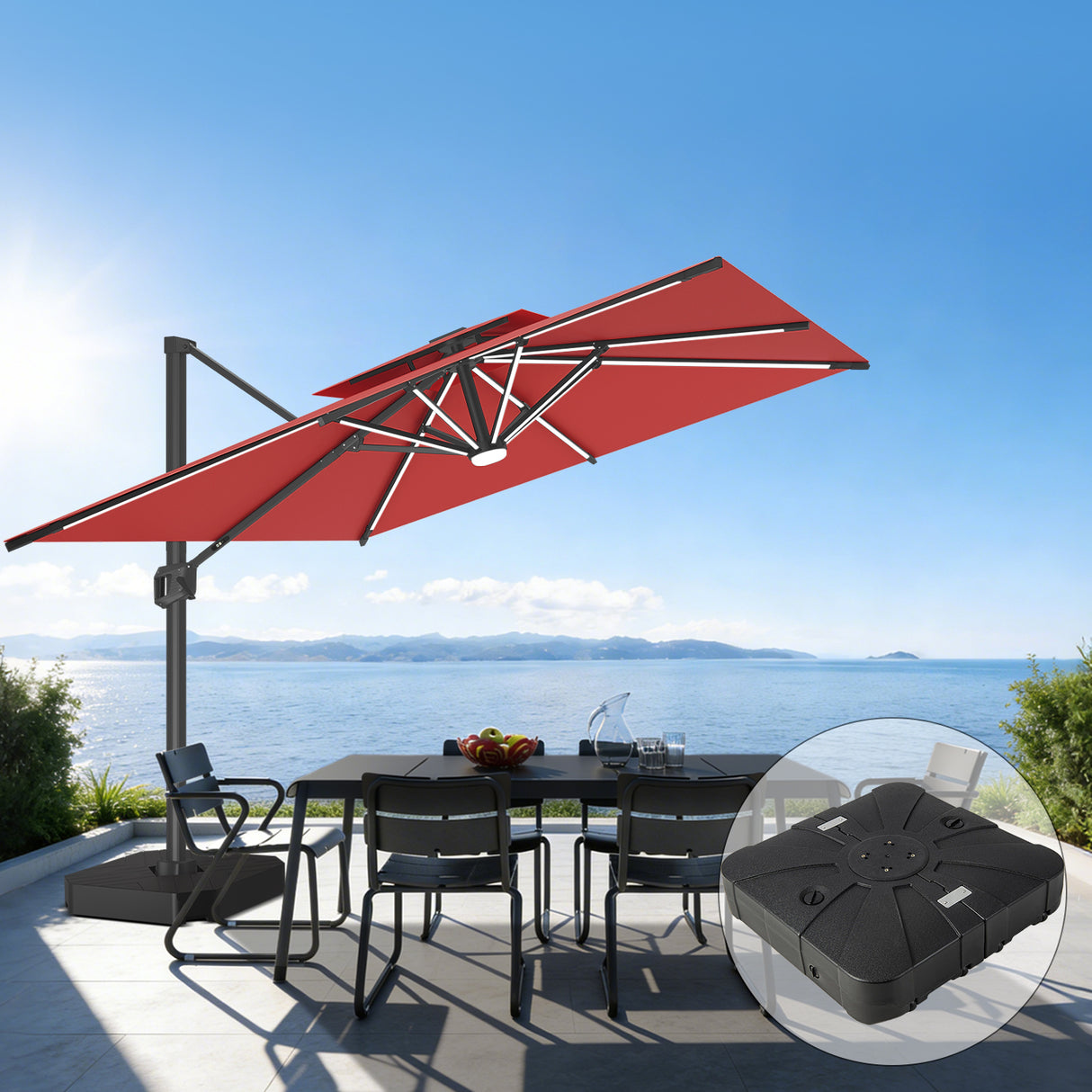 Patioslife Aegis – Parasol déporté Premium avec éclairage LED intégré, base croisée en métal et baleines en fibre de verre