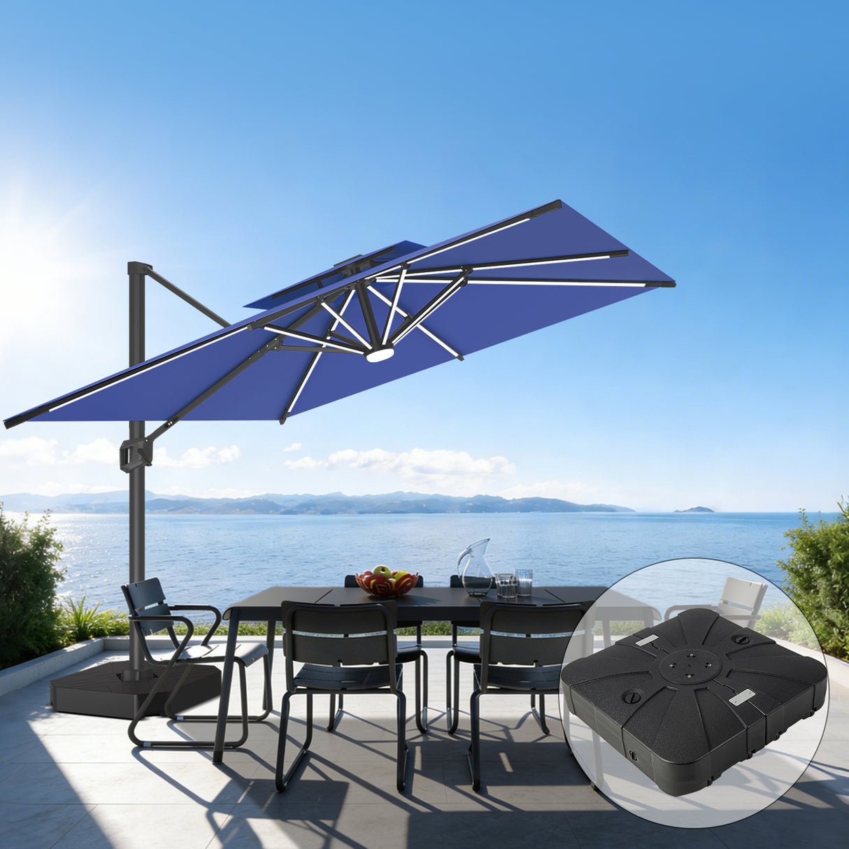 Patioslife Aegis – Parasol déporté Premium avec éclairage LED intégré, base croisée en métal et baleines en fibre de verre