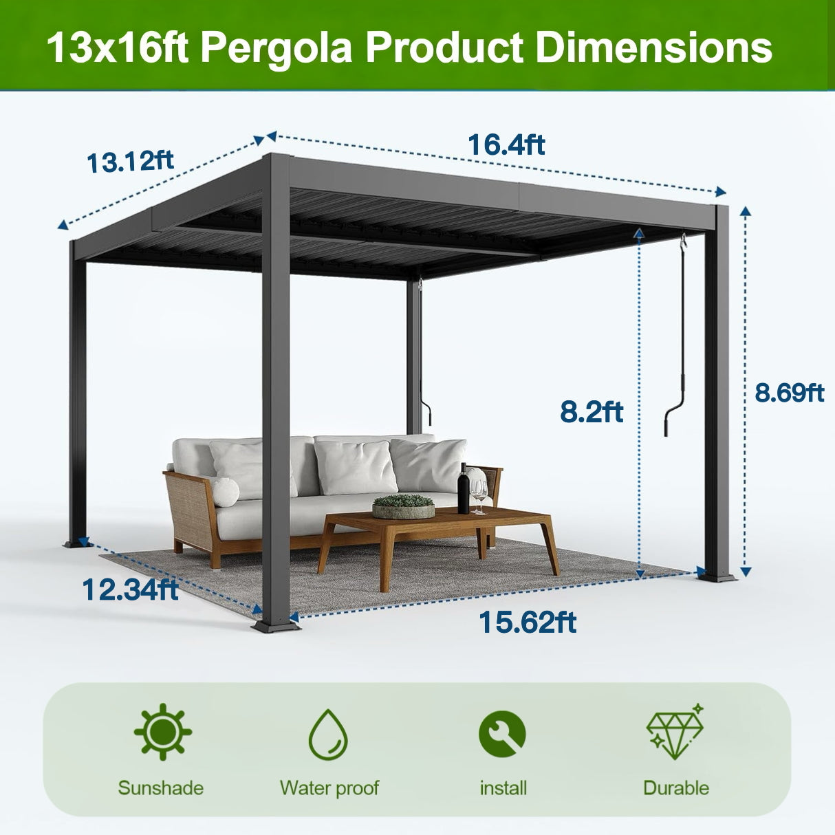 13x16ft Aluminium Louvered Pergola,patioslife,Poolside,Outdoor Leisure Area,Outdoor Kitchen or Dining Area,Garden Pathway,Rooftop Terrace,Sun Shading & Light Contro,Space Definition