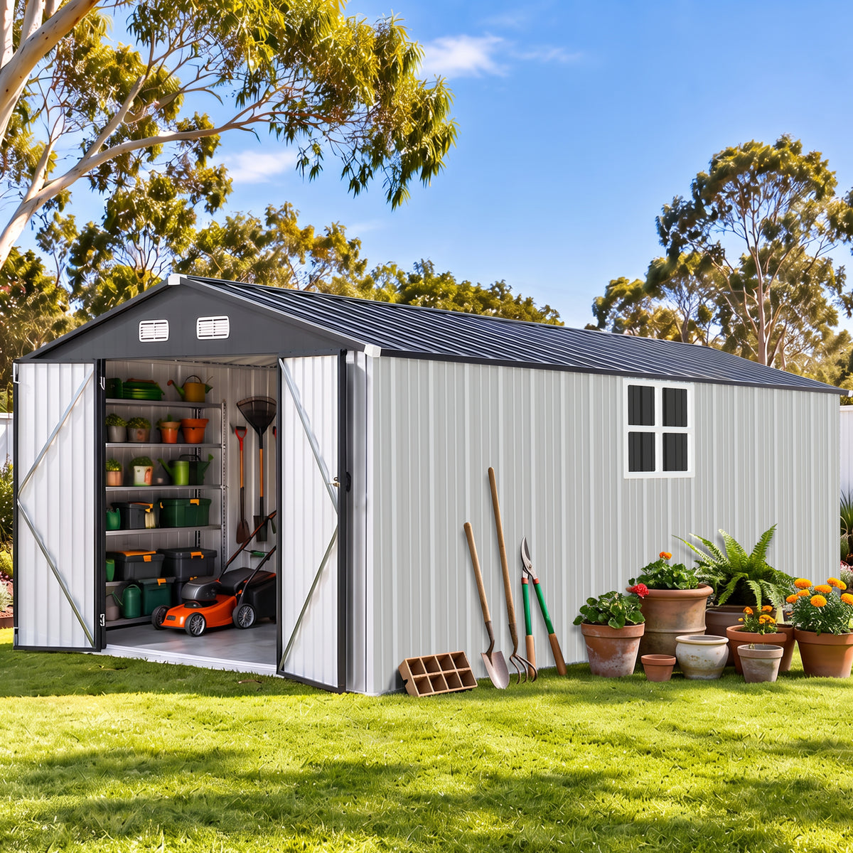 Patioslife YardVault Pro Abri de Jardin Métal Renforcé en Acier Galvanisé avec Fenêtre et Porte Verrouillable, Remise à Outils Extérieure Anti-Rouille