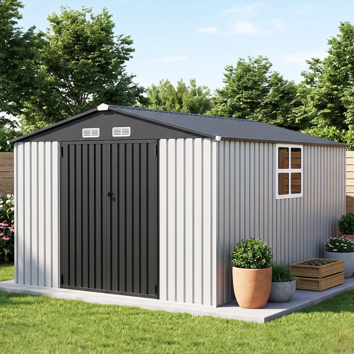 Patioslife YardVault Pro Abri de Jardin Métal Renforcé en Acier Galvanisé avec Fenêtre et Porte Verrouillable, Remise à Outils Extérieure Anti-Rouille