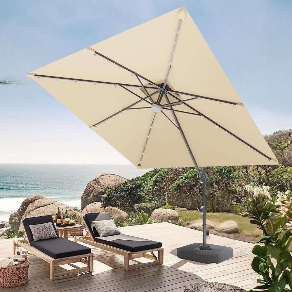Parasol déporté Patioslife Aegis Pro avec éclairage LED et housse de protection, baleines et mât en aluminium à revêtement thermolaqué — Idéal pour jardins et terrasses