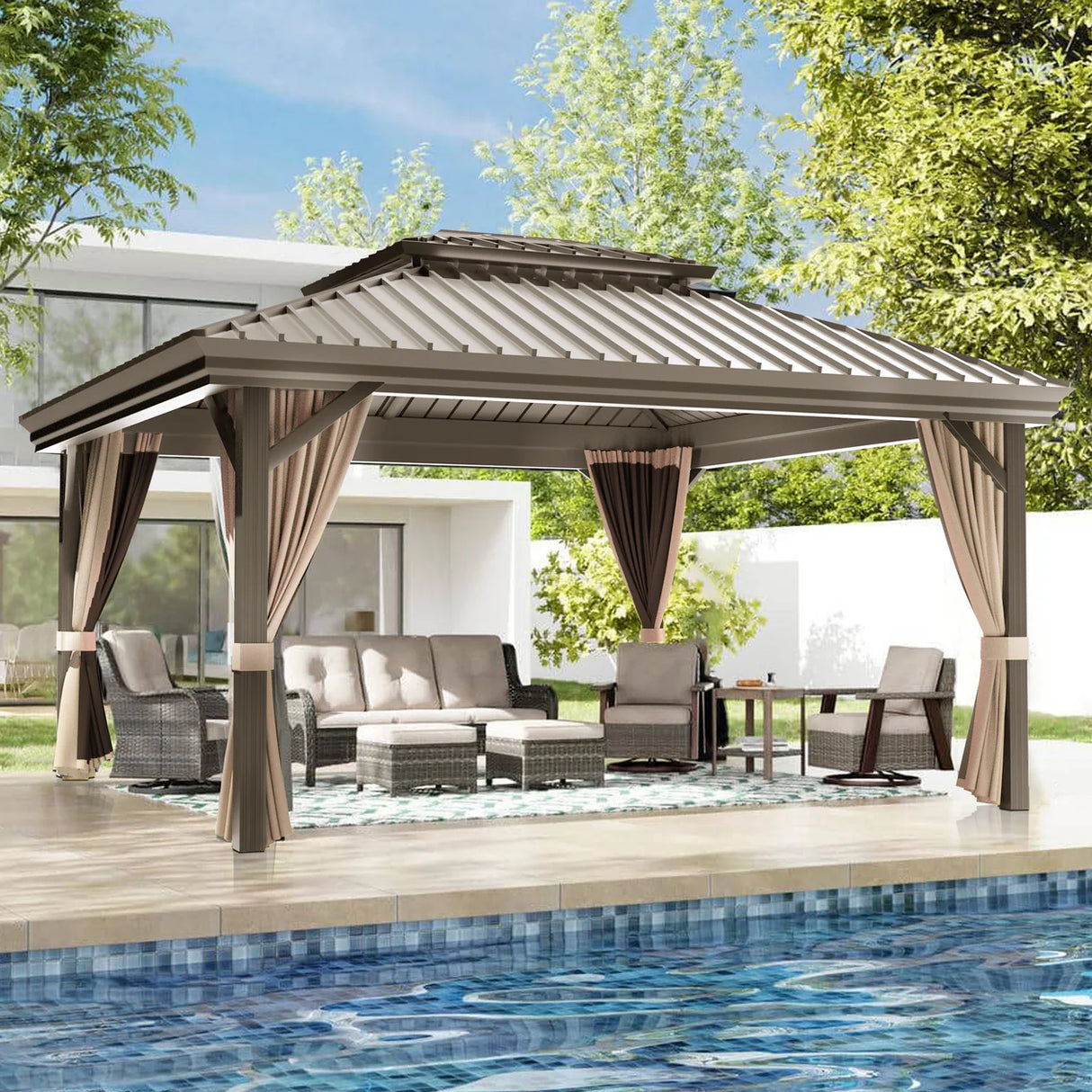 Patioslife Haven | Tonnelle de Jardin en Aluminium à Toit Rigide, Pergola & Pavillon avec Double Aération, Gouttières et Rideaux pour Terrasse