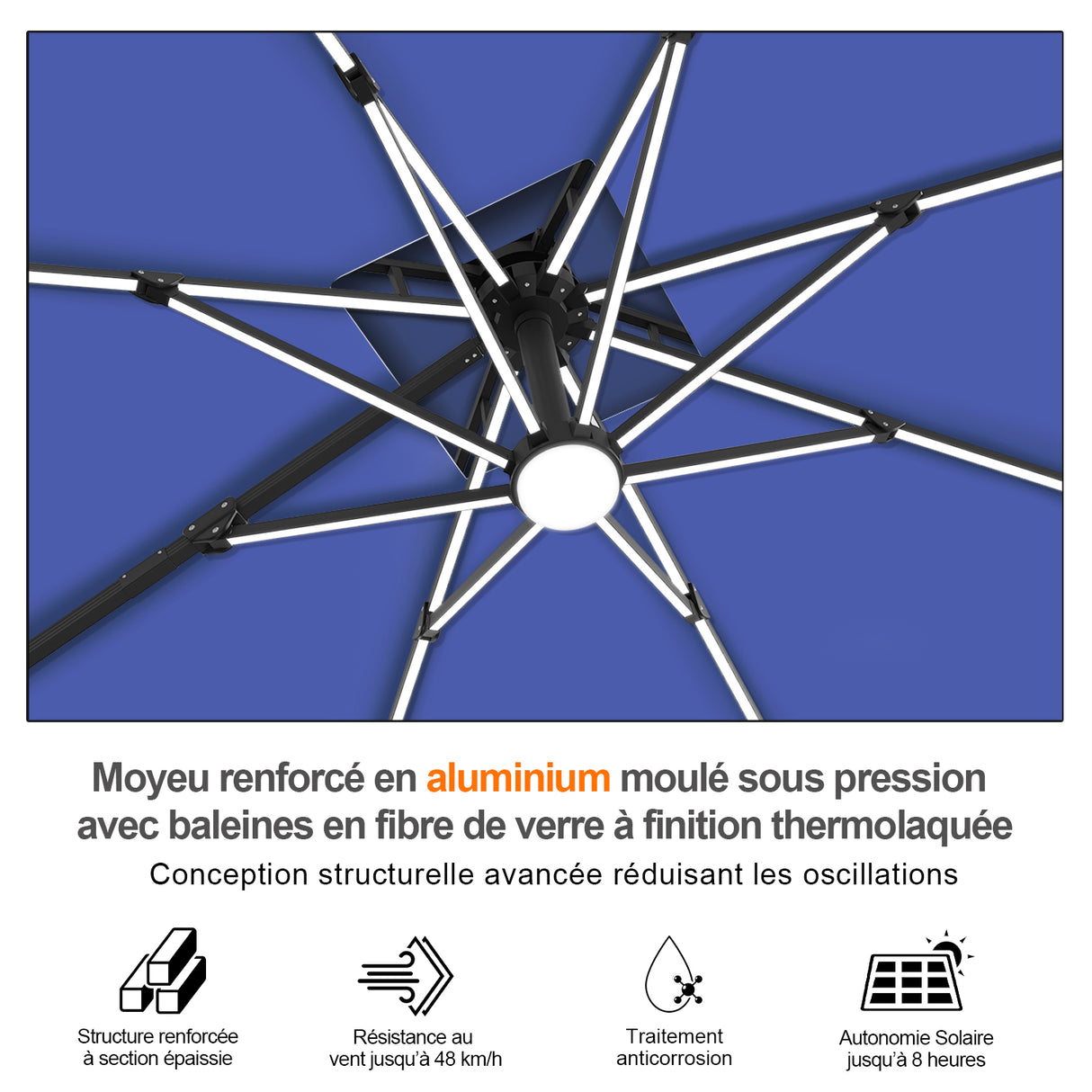 Patioslife Aegis – Parasol déporté Premium avec éclairage LED intégré, base croisée en métal et baleines en fibre de verre