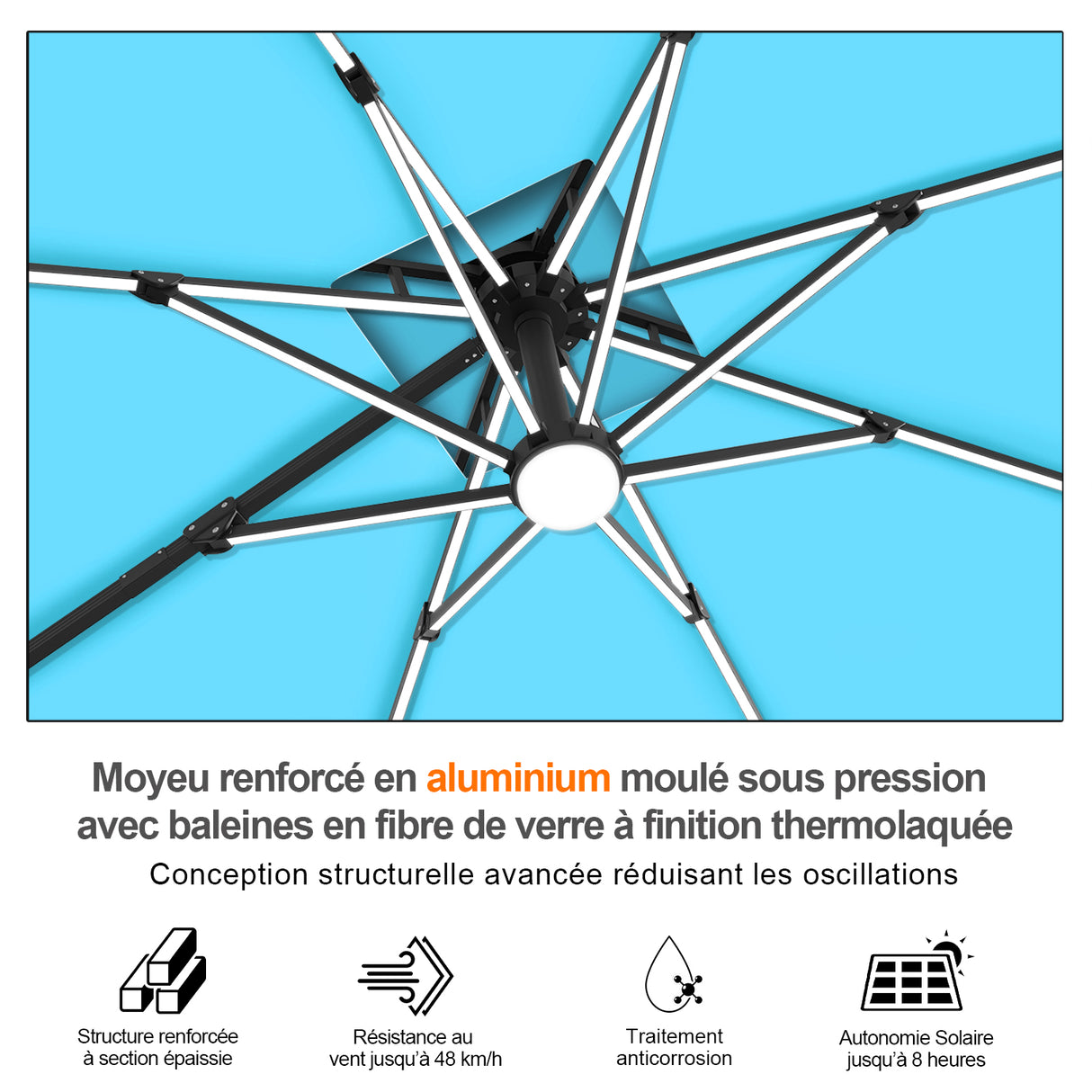 Patioslife Aegis – Parasol déporté Premium avec éclairage LED intégré, base croisée en métal et baleines en fibre de verre