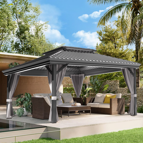 Patioslife Haven | Tonnelle de Jardin en Aluminium à Toit Rigide, Pergola & Pavillon avec Double Aération, Gouttières et Rideaux pour Terrasse