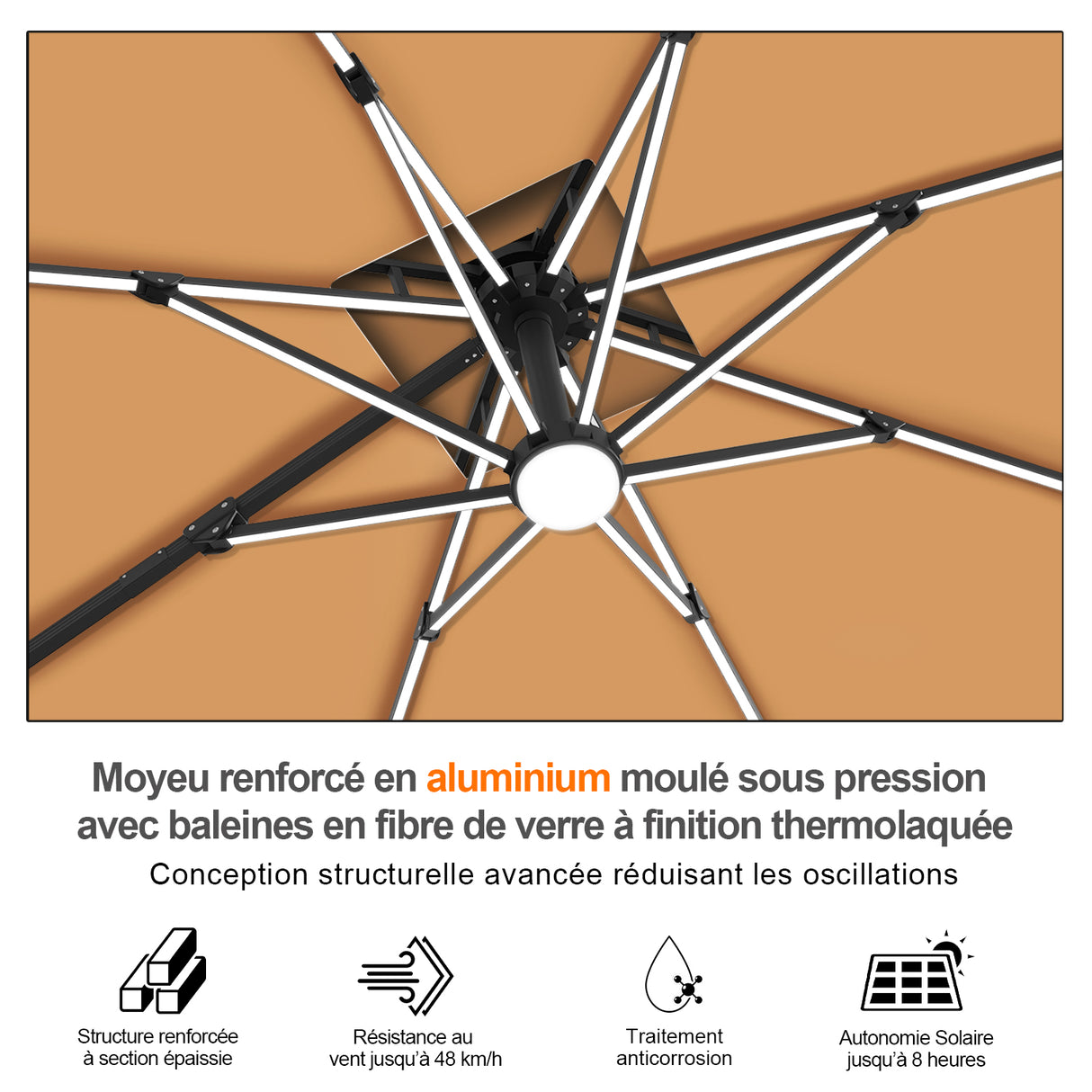 Patioslife Aegis – Parasol déporté Premium avec éclairage LED intégré, base croisée en métal et baleines en fibre de verre