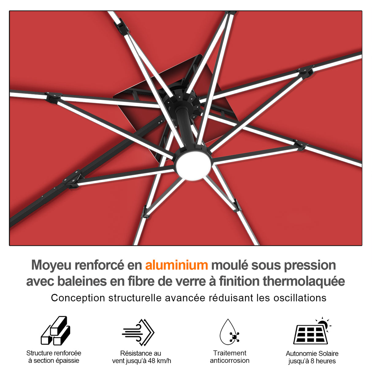 Patioslife Aegis – Parasol déporté Premium avec éclairage LED intégré, base croisée en métal et baleines en fibre de verre
