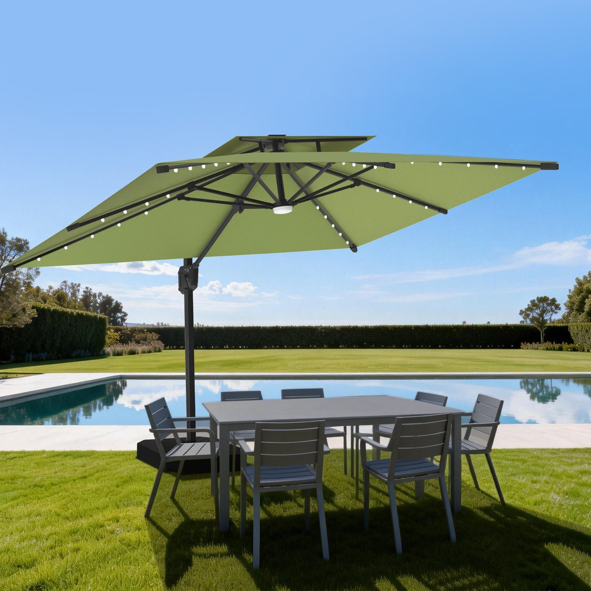 Parasol déporté Patioslife Aegis Pro avec éclairage LED et housse de protection, baleines et mât en aluminium à revêtement thermolaqué — Idéal pour jardins et terrasses