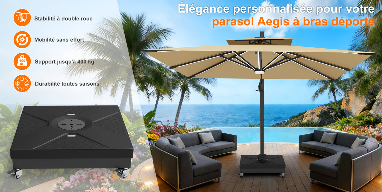 Pied de Parasol Déporté Patioslife Aegis - Socle Modulaire 400kg à Roues - Base de Remplissage Haute Capacité - Mobilité & Stabilité pour Terrasse