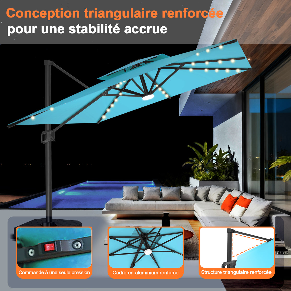 Parasol déporté Patioslife Aegis Pro avec éclairage LED et housse de protection, baleines et mât en aluminium à revêtement thermolaqué — Idéal pour jardins et terrasses
