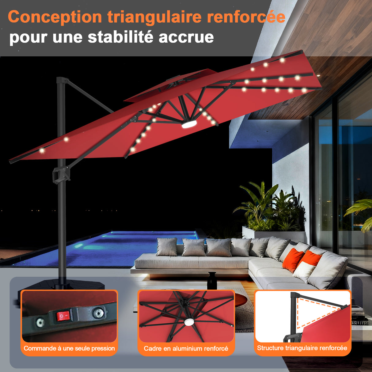 Parasol déporté Patioslife Aegis Pro avec éclairage LED et housse de protection, baleines et mât en aluminium à revêtement thermolaqué — Idéal pour jardins et terrasses