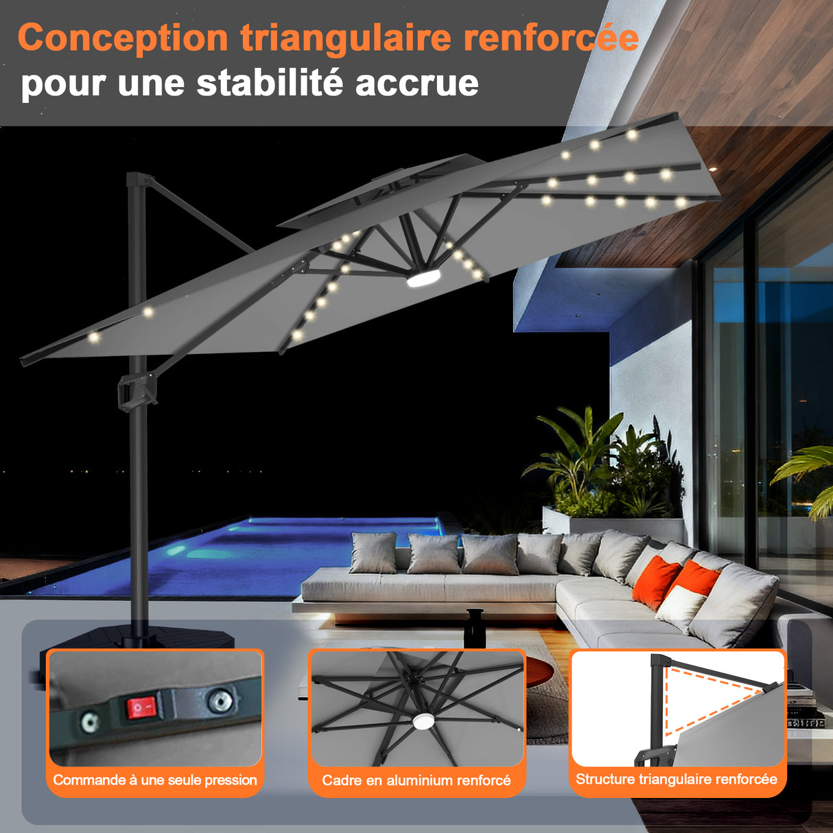 Parasol déporté Patioslife Aegis Pro avec éclairage LED et housse de protection, baleines et mât en aluminium à revêtement thermolaqué — Idéal pour jardins et terrasses