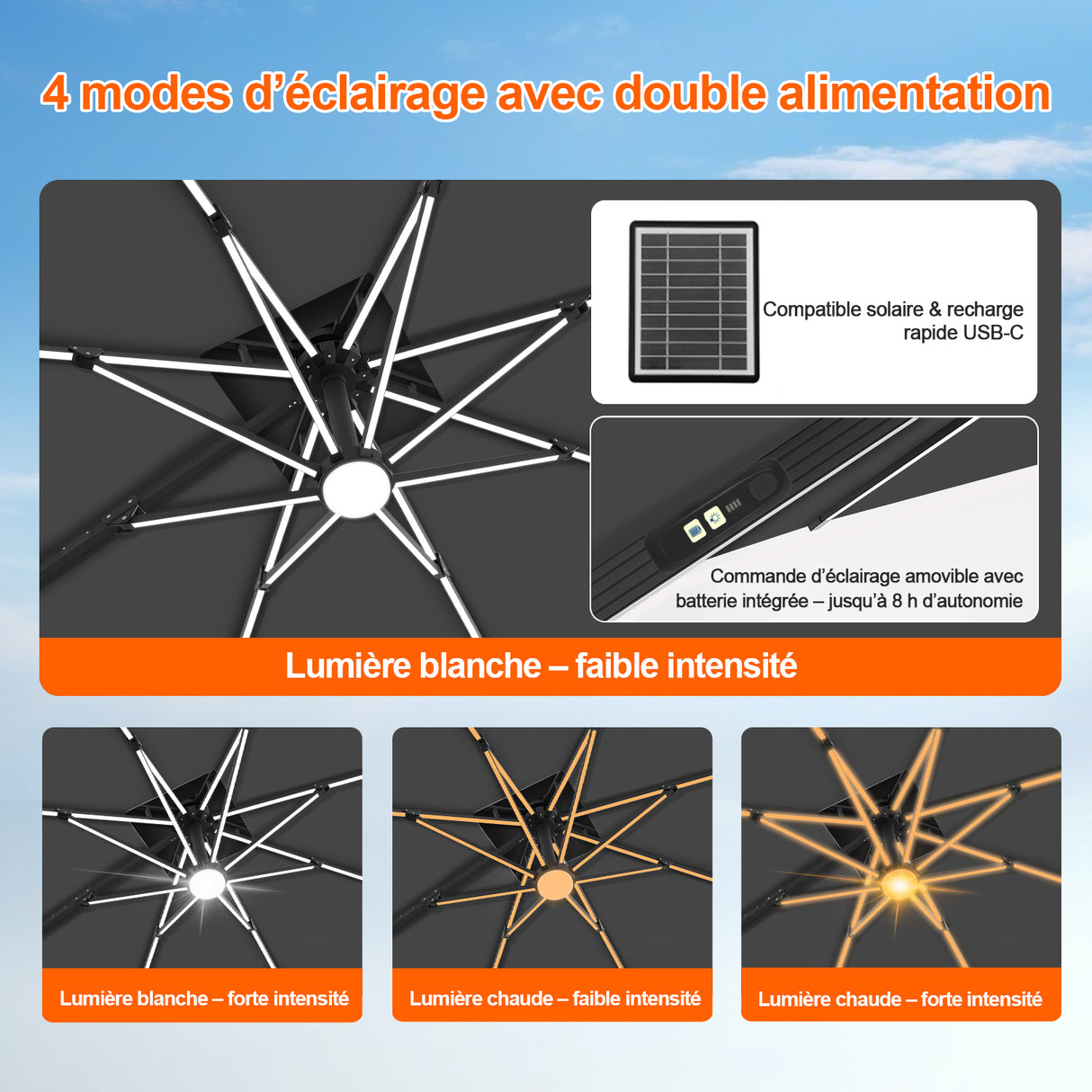 Patioslife Aegis – Parasol déporté Premium avec éclairage LED intégré, base croisée en métal et baleines en fibre de verre