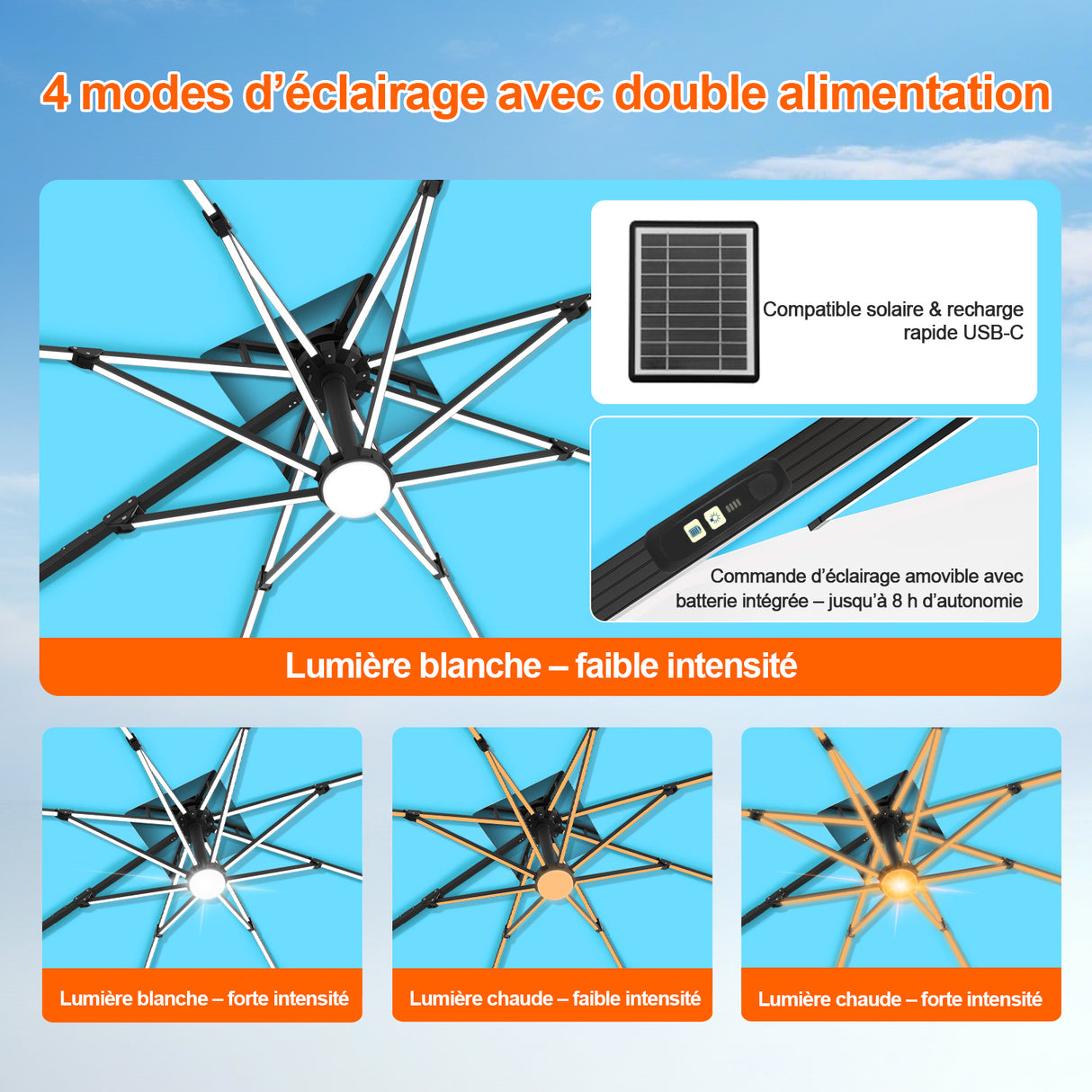 Patioslife Aegis – Parasol déporté Premium avec éclairage LED intégré, base croisée en métal et baleines en fibre de verre