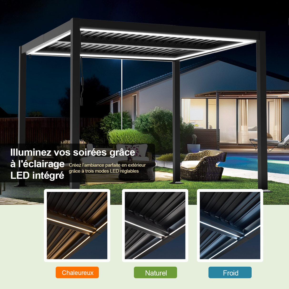 Patioslife Atlantic™ | Pergola à lames orientables en aluminium avec toit réglable et éclairage LED intégré, abri extérieur autonome pour terrasse, patio et piscine