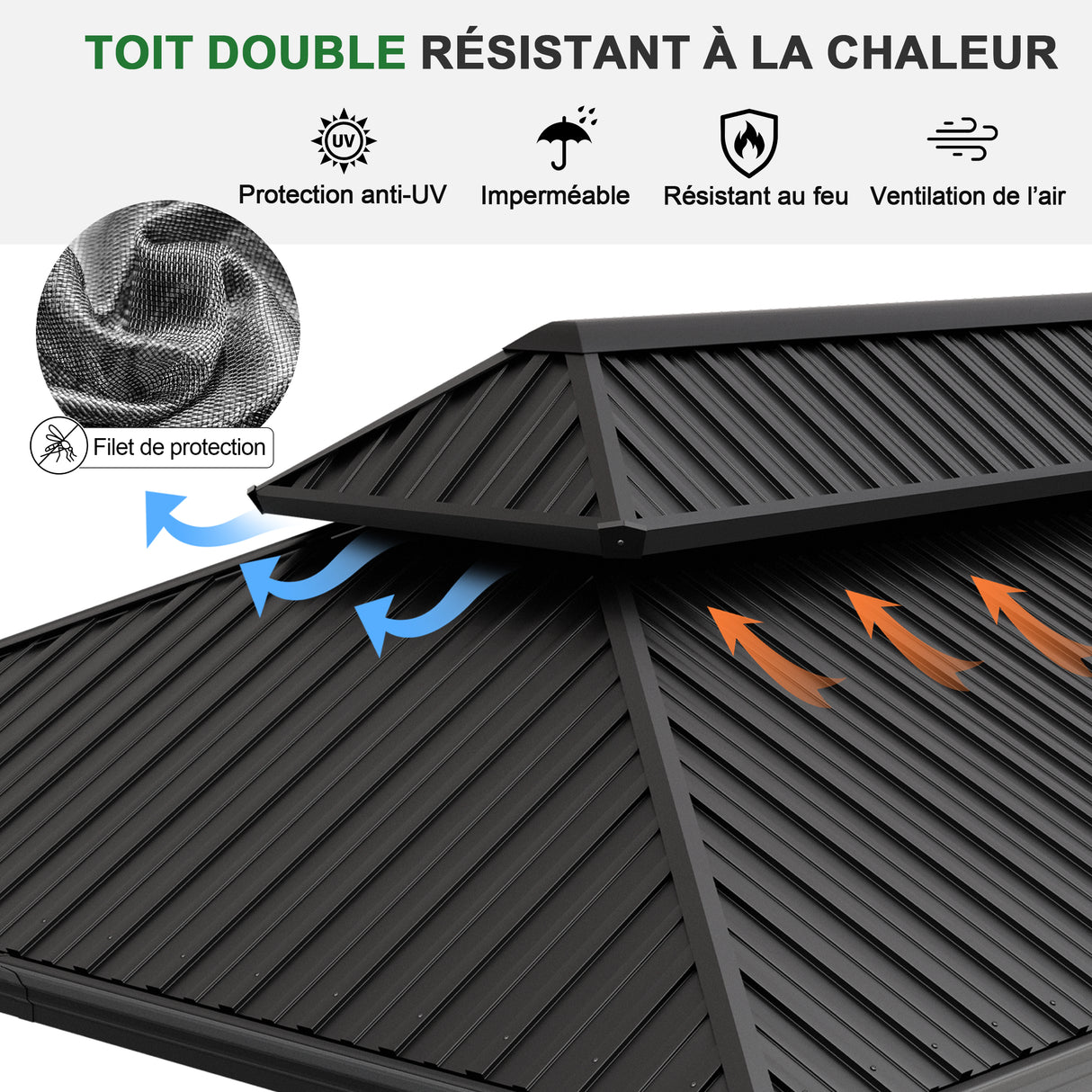 Patioslife Haven | Gazebo à toit rigide avec gouttières de drainage, structure en aluminium, toit doublement aéré et rideaux, pergola pour terrasse ou jardin.