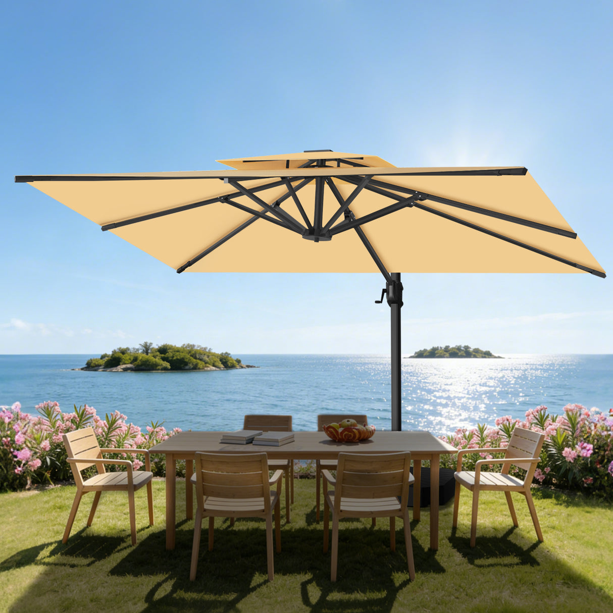 Parasol déporté Patioslife Aegis Pro™ avec base et housse de protection — Baleines en fibre de verre et mât en aluminium à revêtement thermolaqué pour jardin et terrasse