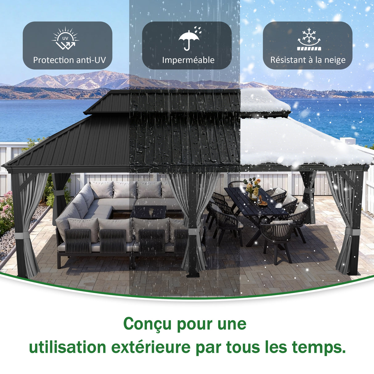 Patioslife Haven | Gazebo à toit rigide avec gouttières de drainage, structure en aluminium, toit doublement aéré et rideaux, pergola pour terrasse ou jardin.