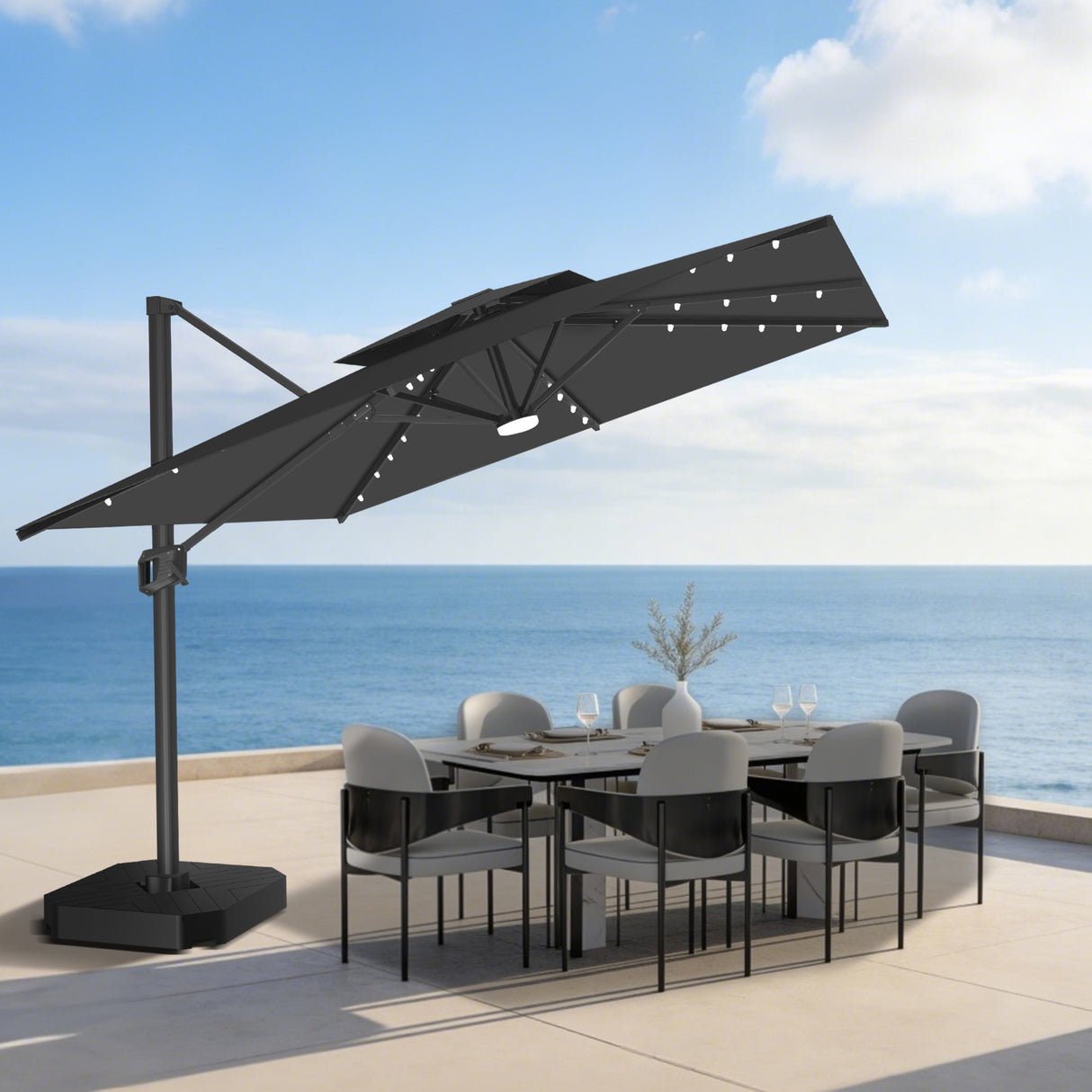 Parasol déporté Patioslife Aegis Pro avec éclairage LED et housse de protection, baleines et mât en aluminium à revêtement thermolaqué — Idéal pour jardins et terrasses