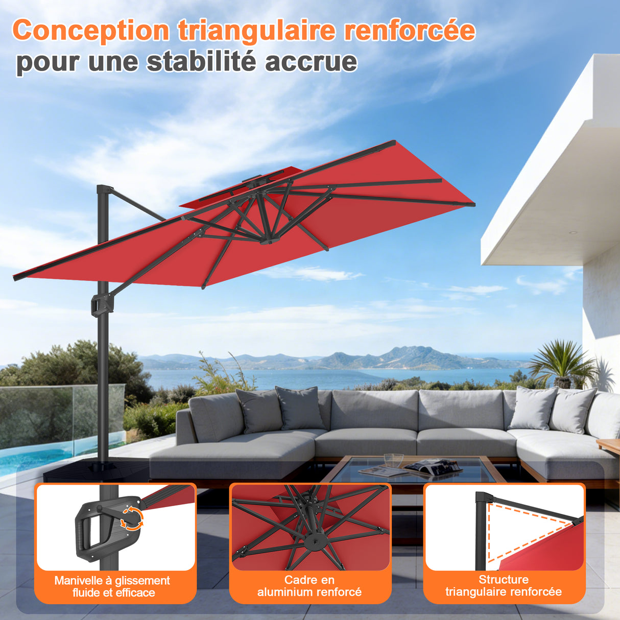 Parasol déporté Patioslife Aegis Pro™ avec base et housse de protection — Baleines en fibre de verre et mât en aluminium à revêtement thermolaqué pour jardin et terrasse