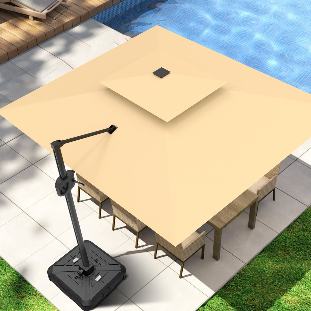 Socle de parasol déporté Patioslife™ avec roues (115–200 kg) pour parasol série Aegis — Support roulant extérieur robuste avec poids en HDPE rechargeables et roues, pour une stabilité optimale sur terrasse, jardin et bord de piscine