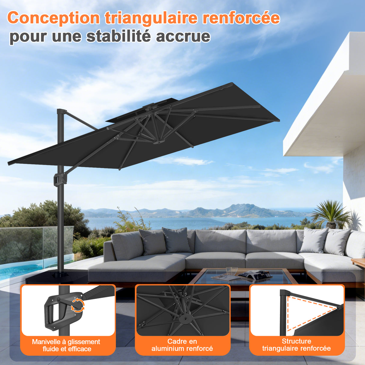 Parasol déporté Patioslife Aegis Pro™ avec base et housse de protection — Baleines en fibre de verre et mât en aluminium à revêtement thermolaqué pour jardin et terrasse