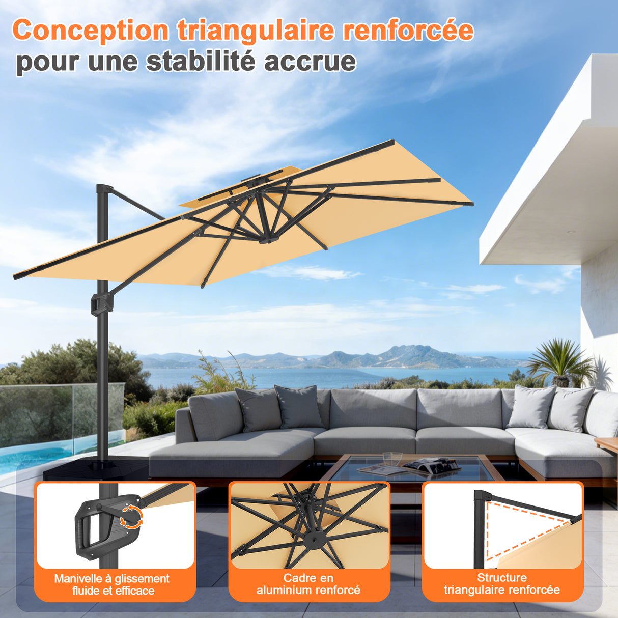 Parasol déporté Patioslife Aegis Pro™ avec base et housse de protection — Baleines en fibre de verre et mât en aluminium à revêtement thermolaqué pour jardin et terrasse