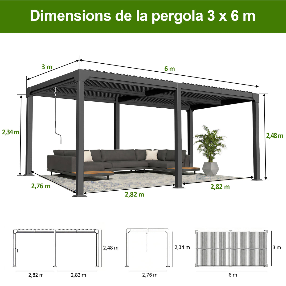 Patioslife Atlantic | Pergola à lames orientables en aluminium avec toit réglable et éclairage LED intégré, abri extérieur autonome pour terrasse, patio et piscine