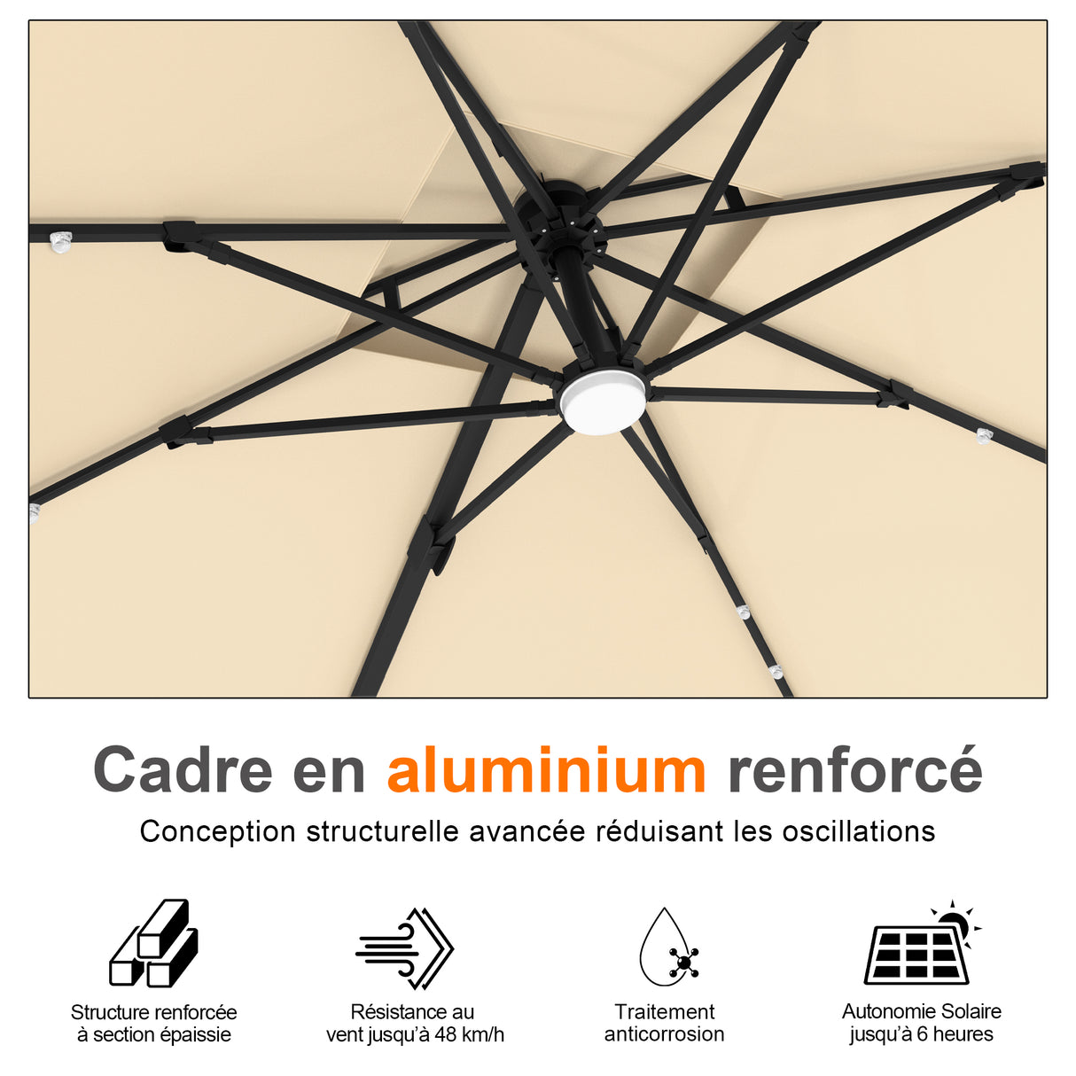 Parasol déporté Patioslife Aegis Pro avec éclairage LED et housse de protection, baleines et mât en aluminium à revêtement thermolaqué — Idéal pour jardins et terrasses