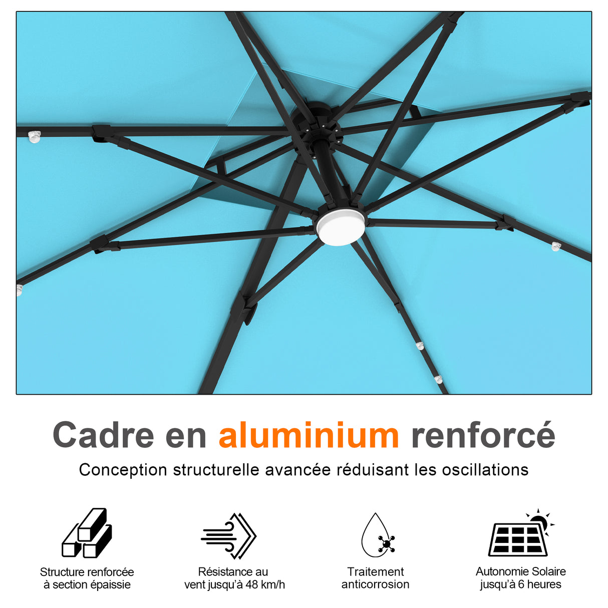 Parasol déporté Patioslife Aegis Pro avec éclairage LED et housse de protection, baleines et mât en aluminium à revêtement thermolaqué — Idéal pour jardins et terrasses