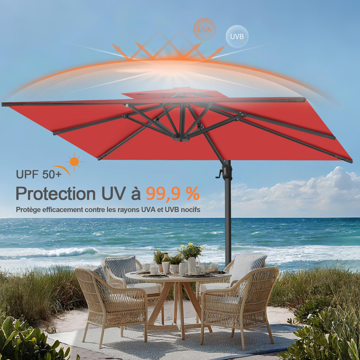 Parasol déporté Patioslife Aegis Pro™ avec base et housse de protection — Baleines en fibre de verre et mât en aluminium à revêtement thermolaqué pour jardin et terrasse