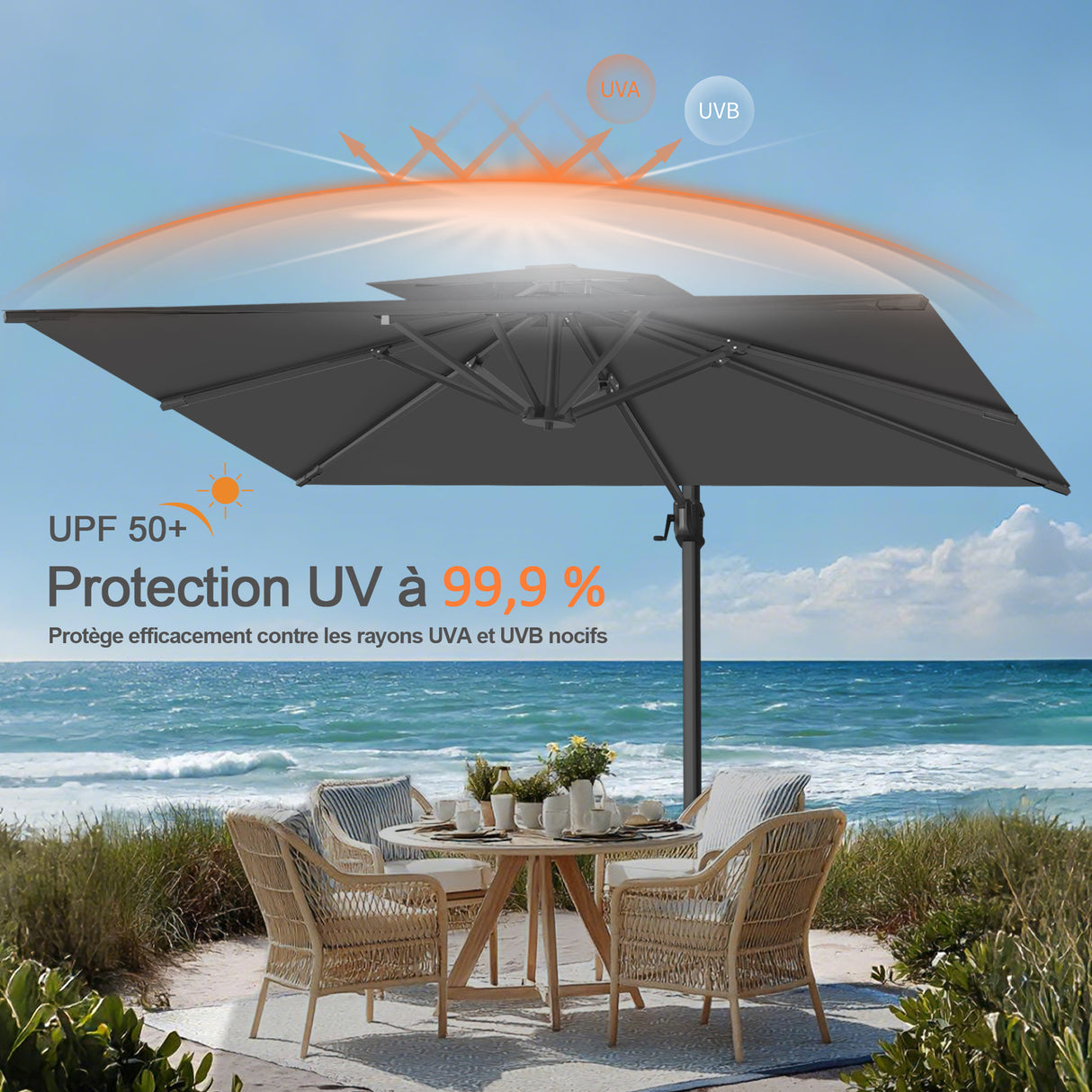 Parasol déporté Patioslife Aegis Pro™ avec base et housse de protection — Baleines en fibre de verre et mât en aluminium à revêtement thermolaqué pour jardin et terrasse