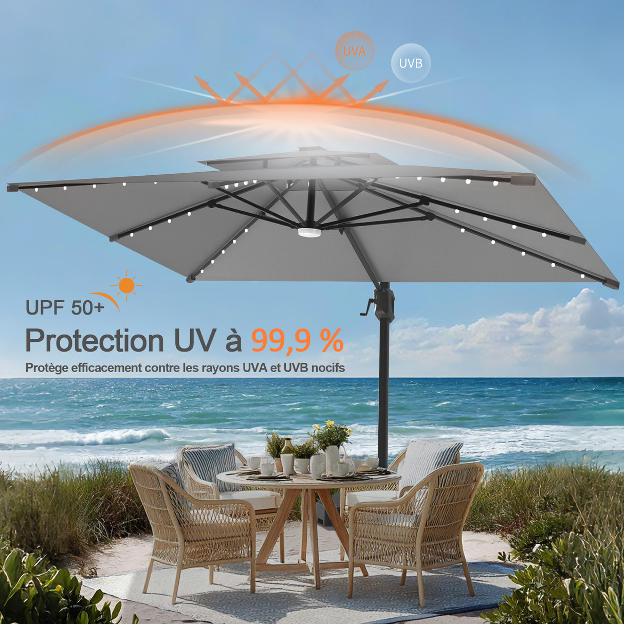 Parasol déporté Patioslife Aegis Pro avec éclairage LED et housse de protection, baleines et mât en aluminium à revêtement thermolaqué — Idéal pour jardins et terrasses