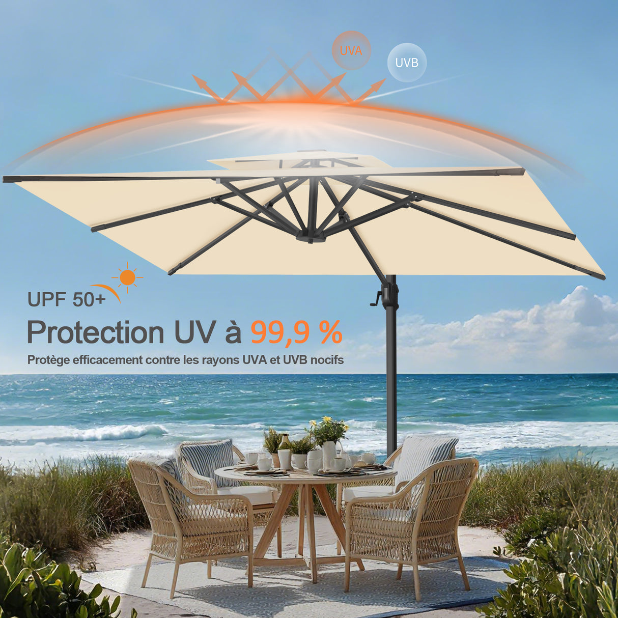 Parasol déporté Patioslife Aegis Pro™ avec base et housse de protection — Baleines en fibre de verre et mât en aluminium à revêtement thermolaqué pour jardin et terrasse