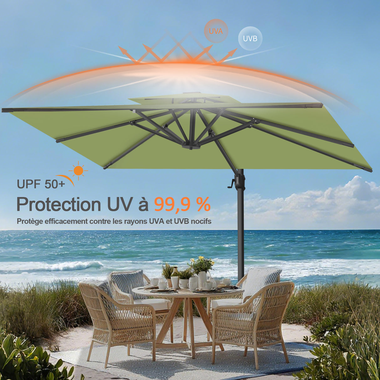 Parasol déporté Patioslife Aegis Pro™ avec base et housse de protection — Baleines en fibre de verre et mât en aluminium à revêtement thermolaqué pour jardin et terrasse