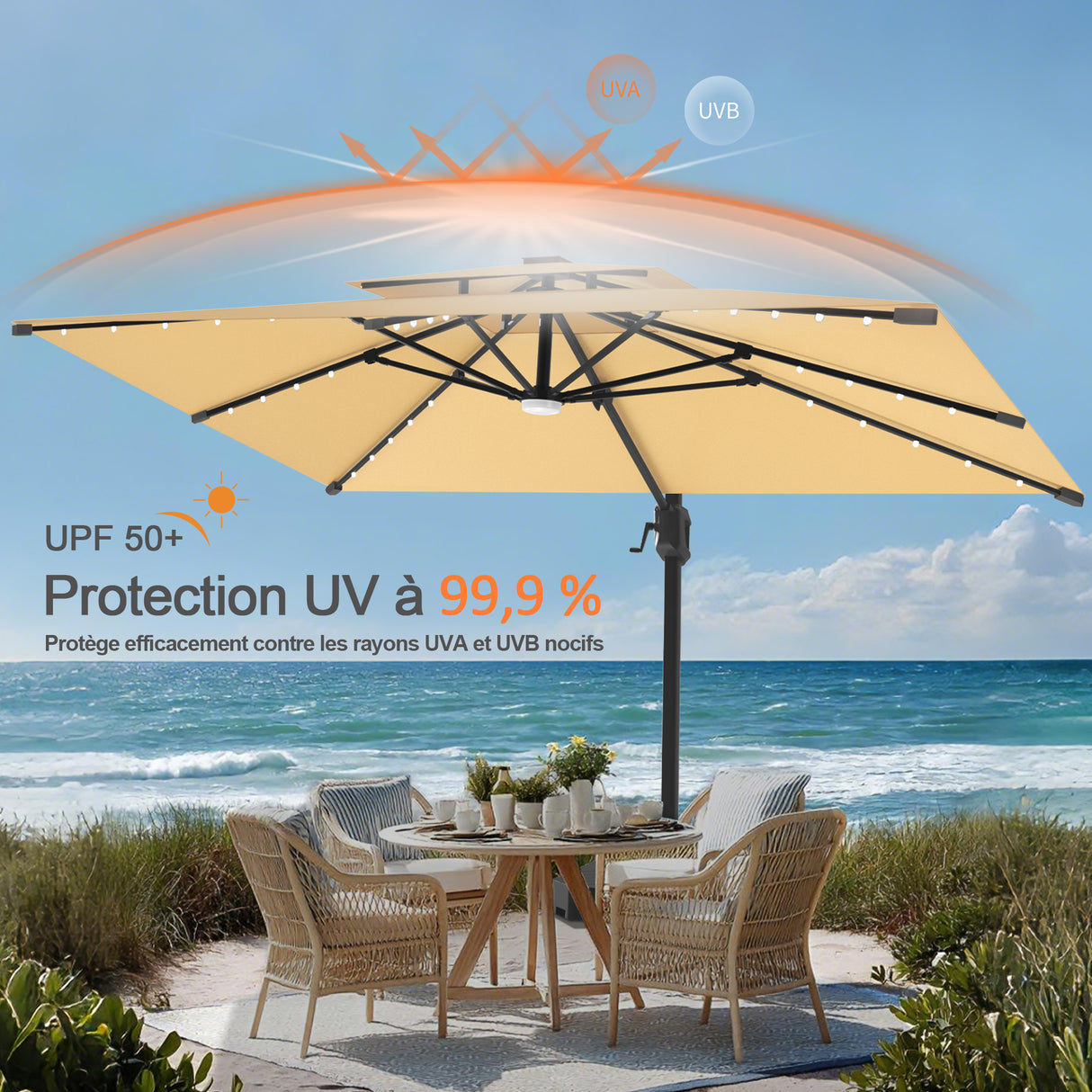Parasol déporté Patioslife Aegis Pro avec éclairage LED et housse de protection, baleines et mât en aluminium à revêtement thermolaqué — Idéal pour jardins et terrasses