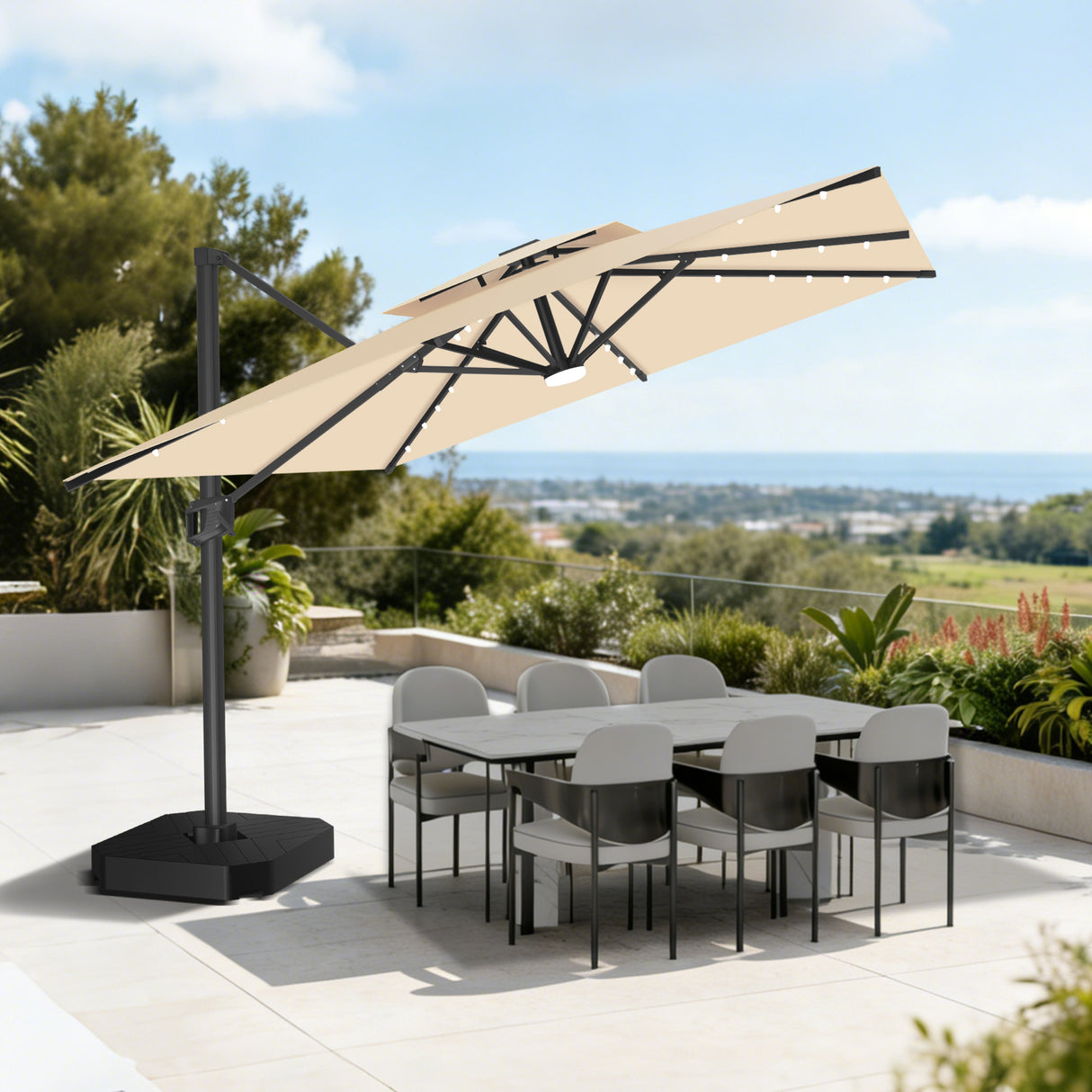 Parasol déporté Patioslife Aegis Pro avec éclairage LED et housse de protection, baleines et mât en aluminium à revêtement thermolaqué — Idéal pour jardins et terrasses