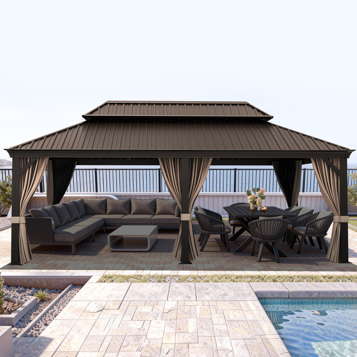 Patioslife Haven | Tonnelle de Jardin en Aluminium à Toit Rigide, Pergola & Pavillon avec Double Aération, Gouttières et Rideaux pour Terrasse