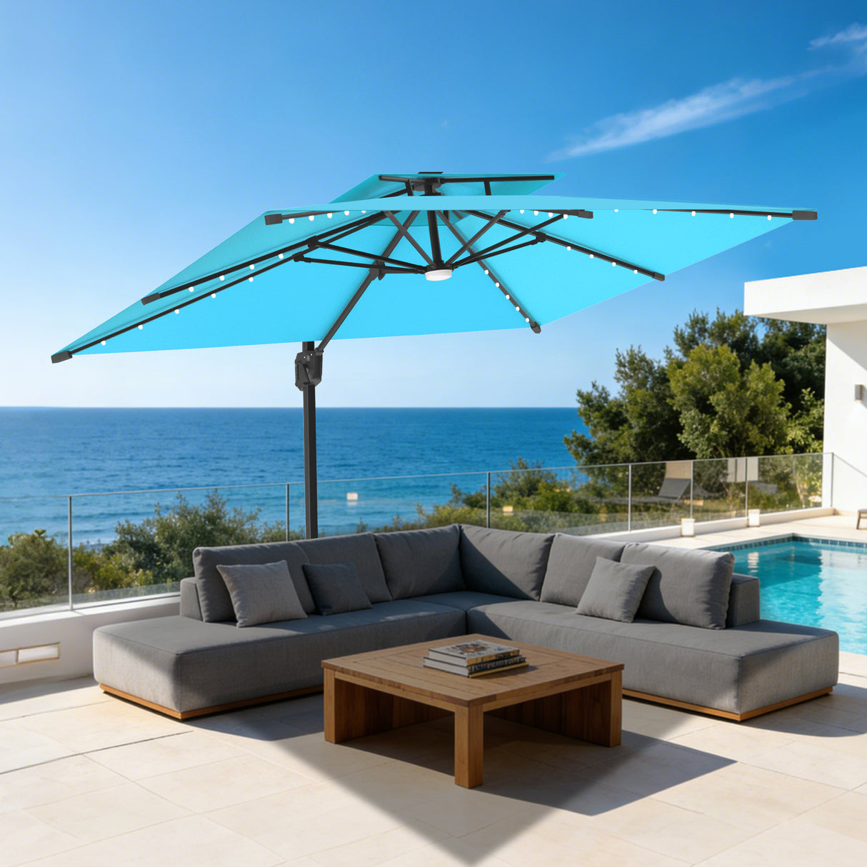 Parasol déporté Patioslife Aegis Pro avec éclairage LED et housse de protection, baleines et mât en aluminium à revêtement thermolaqué — Idéal pour jardins et terrasses