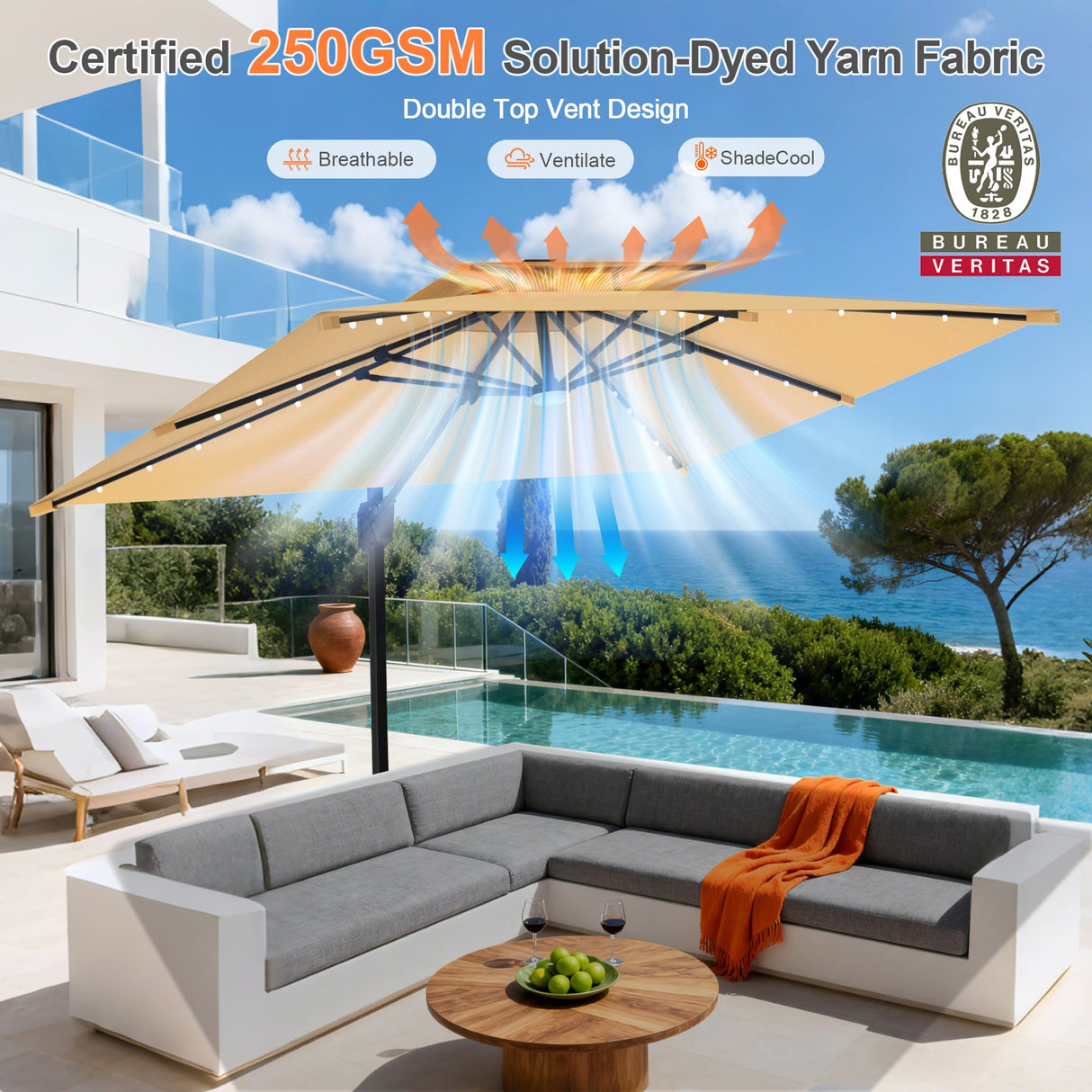 Parasol déporté Patioslife Aegis Pro avec éclairage LED et housse de protection, baleines et mât en aluminium à revêtement thermolaqué — Idéal pour jardins et terrasses