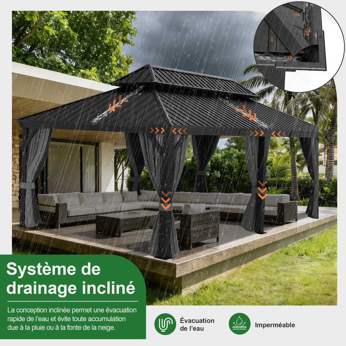 Patioslife Haven | Gazebo à toit rigide avec gouttières de drainage, structure en aluminium, toit doublement aéré et rideaux, pergola pour terrasse ou jardin.